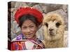 Girl in Native Dress with Baby Alpaca, Sacsayhuaman Inca Ruins, Cusco, Peru-Dennis Kirkland-Stretched Canvas