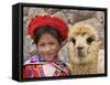 Girl in Native Dress with Baby Alpaca, Sacsayhuaman Inca Ruins, Cusco, Peru-Dennis Kirkland-Framed Stretched Canvas