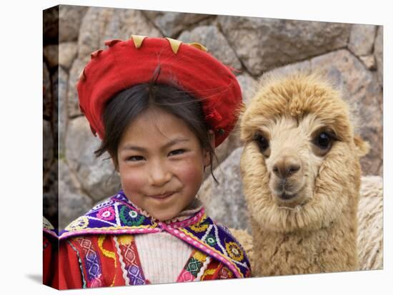 Girl in Native Dress with Baby Alpaca, Sacsayhuaman Inca Ruins, Cusco, Peru-Dennis Kirkland-Stretched Canvas