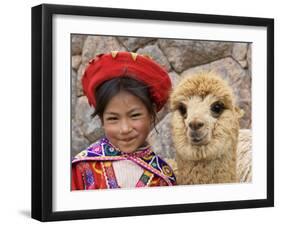 Girl in Native Dress with Baby Alpaca, Sacsayhuaman Inca Ruins, Cusco, Peru-Dennis Kirkland-Framed Premium Photographic Print