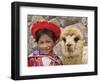 Girl in Native Dress with Baby Alpaca, Sacsayhuaman Inca Ruins, Cusco, Peru-Dennis Kirkland-Framed Photographic Print