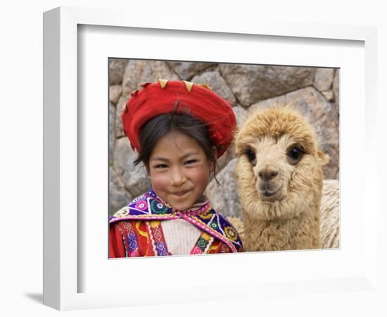 Girl in Native Dress with Baby Alpaca, Sacsayhuaman Inca Ruins, Cusco, Peru-Dennis Kirkland-Framed Photographic Print