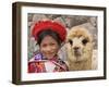 Girl in Native Dress with Baby Alpaca, Sacsayhuaman Inca Ruins, Cusco, Peru-Dennis Kirkland-Framed Photographic Print