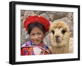 Girl in Native Dress with Baby Alpaca, Sacsayhuaman Inca Ruins, Cusco, Peru-Dennis Kirkland-Framed Photographic Print