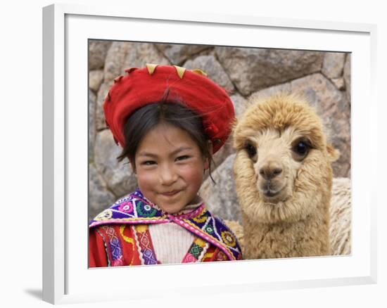 Girl in Native Dress with Baby Alpaca, Sacsayhuaman Inca Ruins, Cusco, Peru-Dennis Kirkland-Framed Photographic Print