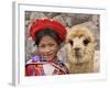 Girl in Native Dress with Baby Alpaca, Sacsayhuaman Inca Ruins, Cusco, Peru-Dennis Kirkland-Framed Photographic Print