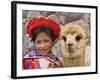 Girl in Native Dress with Baby Alpaca, Sacsayhuaman Inca Ruins, Cusco, Peru-Dennis Kirkland-Framed Photographic Print