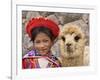 Girl in Native Dress with Baby Alpaca, Sacsayhuaman Inca Ruins, Cusco, Peru-Dennis Kirkland-Framed Photographic Print