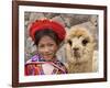 Girl in Native Dress with Baby Alpaca, Sacsayhuaman Inca Ruins, Cusco, Peru-Dennis Kirkland-Framed Photographic Print