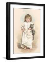 Girl in Nightgown with Frightened Cat-null-Framed Art Print