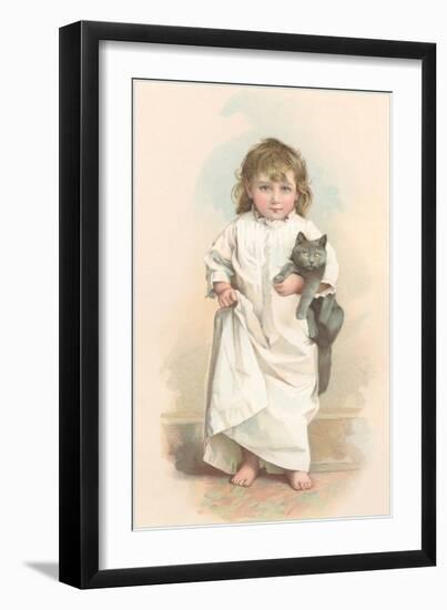 Girl in Nightgown with Frightened Cat-null-Framed Art Print