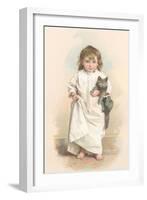 Girl in Nightgown with Frightened Cat-null-Framed Art Print