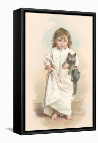 Girl in Nightgown with Frightened Cat-null-Framed Stretched Canvas