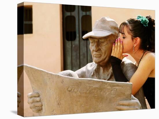 Girl in Quincinera (15th) Birthday Dress Whispering to Statue, Plaza Del Carmen, Camaguey, Cuba-Christopher P Baker-Stretched Canvas