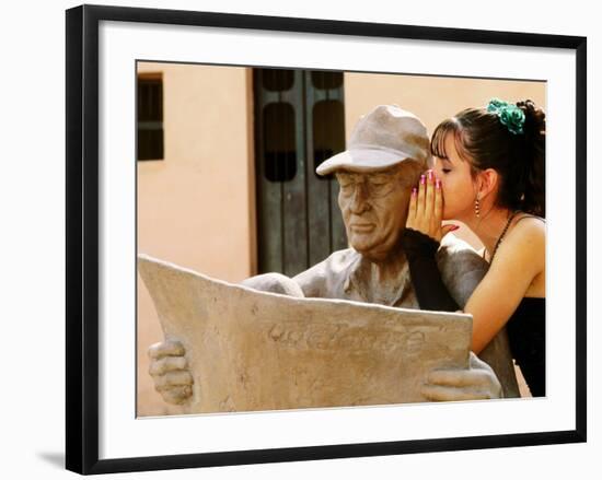 Girl in Quincinera (15th) Birthday Dress Whispering to Statue, Plaza Del Carmen, Camaguey, Cuba-Christopher P Baker-Framed Photographic Print