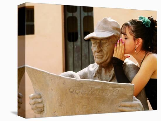 Girl in Quincinera (15th) Birthday Dress Whispering to Statue, Plaza Del Carmen, Camaguey, Cuba-Christopher P Baker-Stretched Canvas