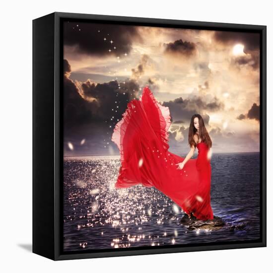 Girl in Red Dress Standing on Ocean Rocks-Melpomene-Framed Stretched Canvas