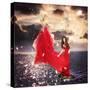Girl in Red Dress Standing on Ocean Rocks-Melpomene-Stretched Canvas