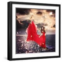 Girl in Red Dress Standing on Ocean Rocks-Melpomene-Framed Premium Photographic Print
