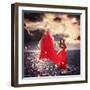 Girl in Red Dress Standing on Ocean Rocks-Melpomene-Framed Photographic Print