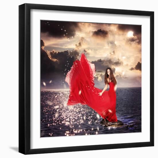 Girl in Red Dress Standing on Ocean Rocks-Melpomene-Framed Photographic Print