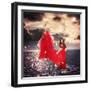 Girl in Red Dress Standing on Ocean Rocks-Melpomene-Framed Photographic Print