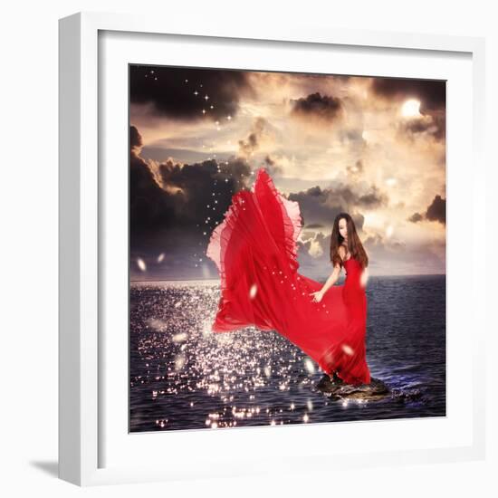 Girl in Red Dress Standing on Ocean Rocks-Melpomene-Framed Photographic Print