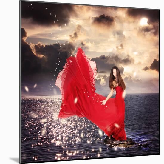 Girl in Red Dress Standing on Ocean Rocks-Melpomene-Mounted Photographic Print