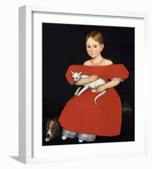 Girl in Red Dress with Cat and Dog, 1830-1835-Ammi Phillips-Framed Art Print