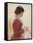 Girl in Red, Sewing-Theodore Robinson-Framed Stretched Canvas