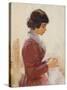 Girl in Red, Sewing-Theodore Robinson-Stretched Canvas