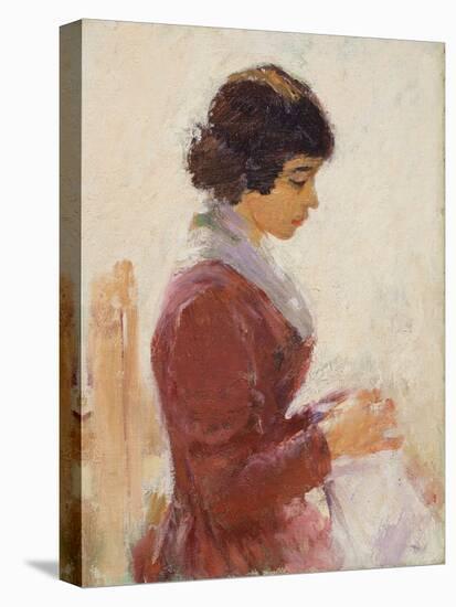 Girl in Red, Sewing-Theodore Robinson-Stretched Canvas