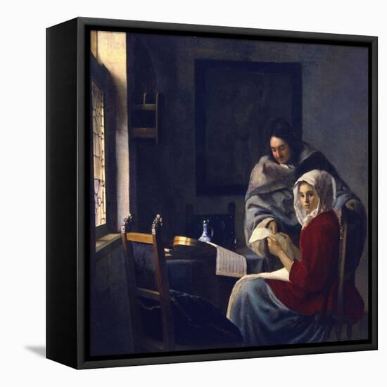 Girl Interrupted in Her Music-Johannes Vermeer-Framed Stretched Canvas