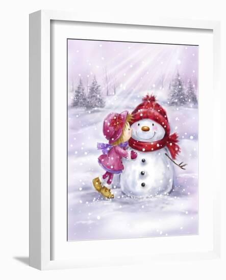 Girl Kissing Snowman-MAKIKO-Framed Giclee Print