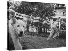 Girl Making Huge Bubbles with Soapy Solution and Large Ring in Yard-Stan Wayman-Stretched Canvas