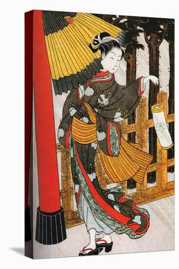 Girl on Her Way to the Shinto Shrine on a Stormy Night, 18th Century-Suzuki Harunobu-Stretched Canvas