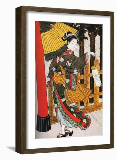 Girl on Her Way to the Shinto Shrine on a Stormy Night, 18th Century-Suzuki Harunobu-Framed Giclee Print