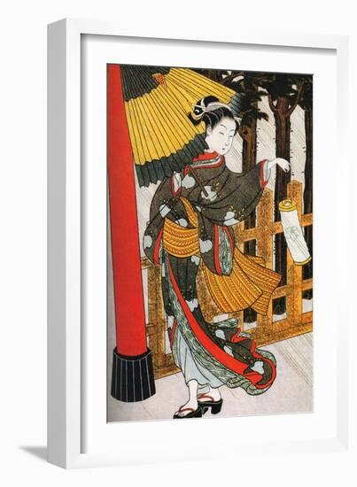 Girl on Her Way to the Shinto Shrine on a Stormy Night, 18th Century-Suzuki Harunobu-Framed Giclee Print