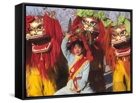 Girl Playing Lion Dance for Chinese New Year, Beijing, China-Keren Su-Framed Stretched Canvas