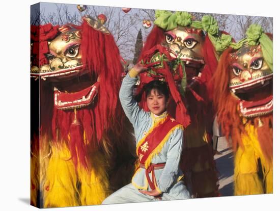 Girl Playing Lion Dance for Chinese New Year, Beijing, China-Keren Su-Stretched Canvas