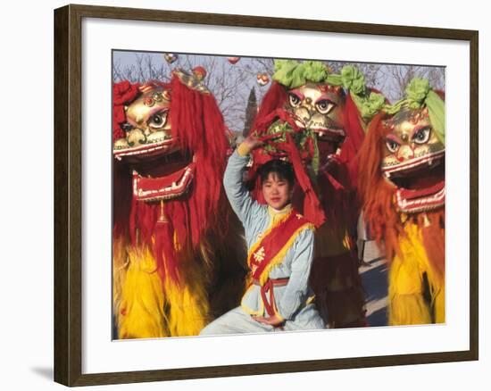 Girl Playing Lion Dance for Chinese New Year, Beijing, China-Keren Su-Framed Photographic Print