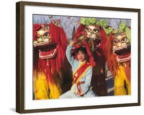 Girl Playing Lion Dance for Chinese New Year, Beijing, China-Keren Su-Framed Photographic Print