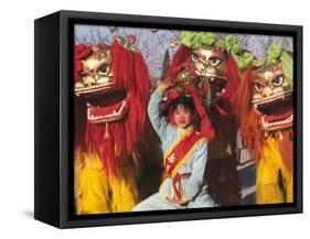 Girl Playing Lion Dance for Chinese New Year, Beijing, China-Keren Su-Framed Stretched Canvas