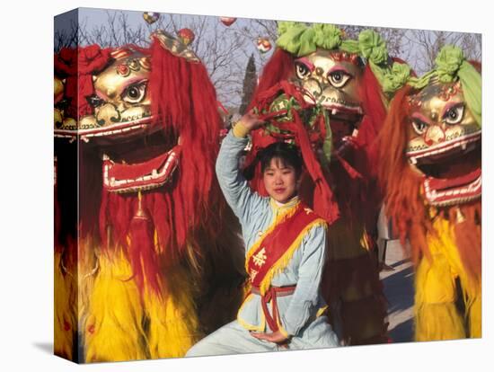 Girl Playing Lion Dance for Chinese New Year, Beijing, China-Keren Su-Stretched Canvas