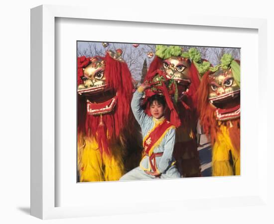 Girl Playing Lion Dance for Chinese New Year, Beijing, China-Keren Su-Framed Photographic Print