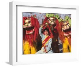 Girl Playing Lion Dance for Chinese New Year, Beijing, China-Keren Su-Framed Photographic Print