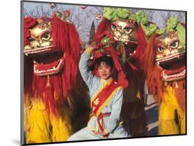 Girl Playing Lion Dance for Chinese New Year, Beijing, China-Keren Su-Mounted Photographic Print
