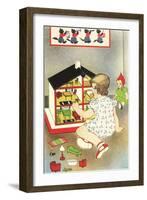 Girl Playing with Doll House-null-Framed Art Print