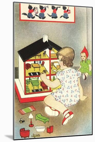 Girl Playing with Doll House-null-Mounted Art Print