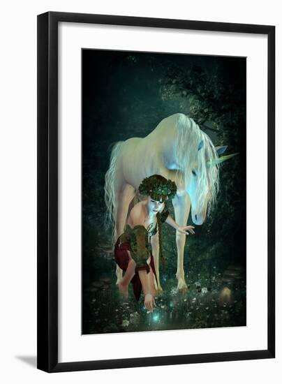 Girl Pond Fireflies & Unicorn-null-Framed Art Print